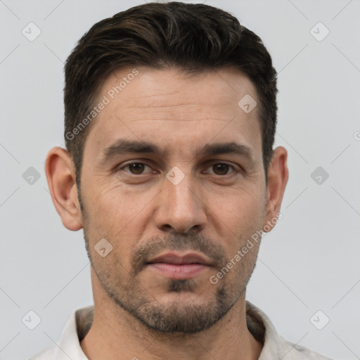 Neutral white adult male with short  brown hair and brown eyes