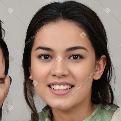 Joyful white young-adult female with medium  brown hair and brown eyes