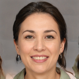 Joyful white adult female with medium  brown hair and brown eyes