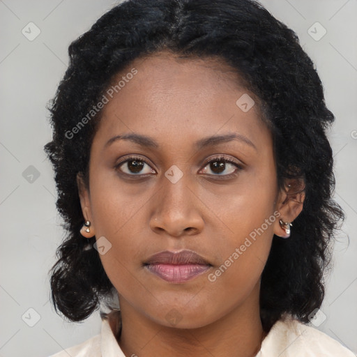 Joyful black young-adult female with medium  brown hair and brown eyes