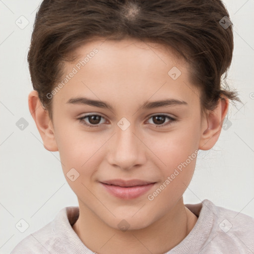 Joyful white child female with short  brown hair and brown eyes