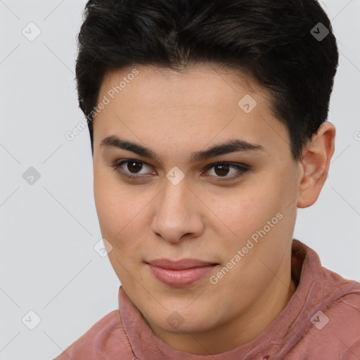 Joyful white young-adult female with short  brown hair and brown eyes