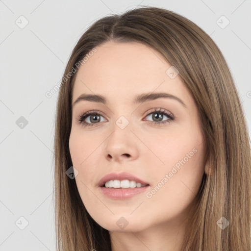 Neutral white young-adult female with long  brown hair and brown eyes