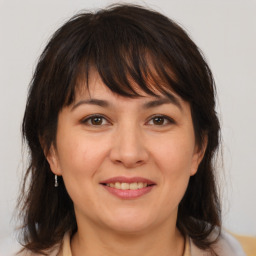 Joyful white adult female with medium  brown hair and brown eyes