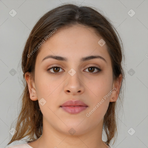 Neutral white young-adult female with medium  brown hair and brown eyes