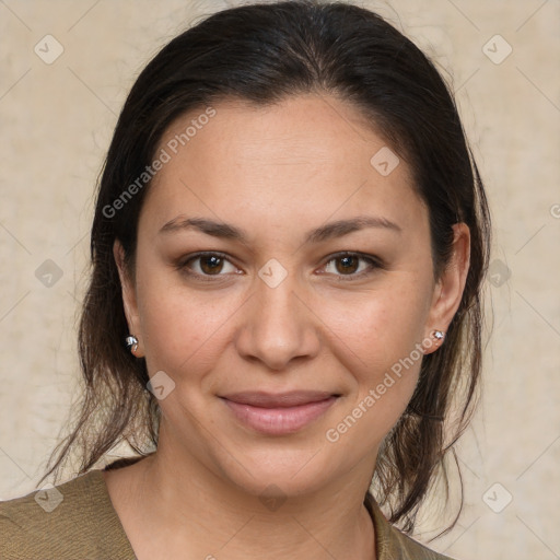 Joyful white young-adult female with medium  brown hair and brown eyes