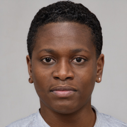 Neutral black young-adult female with short  black hair and brown eyes