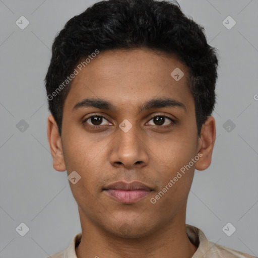 Neutral latino young-adult male with short  black hair and brown eyes
