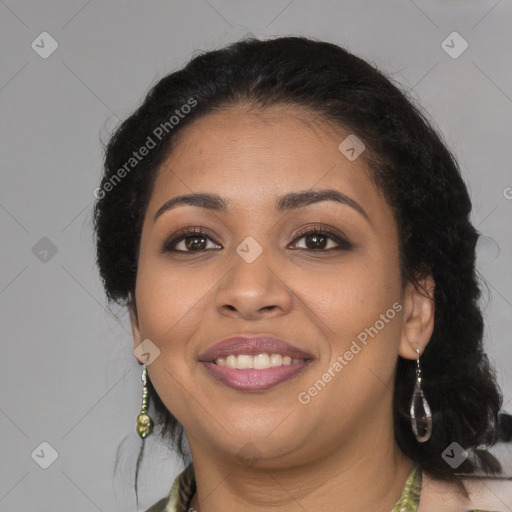 Joyful latino young-adult female with long  brown hair and brown eyes