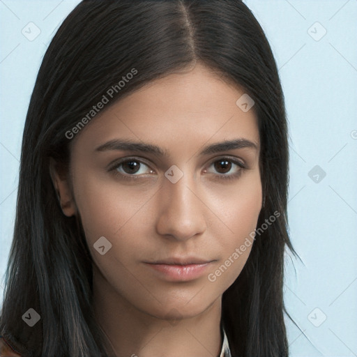 Neutral white young-adult female with long  brown hair and brown eyes