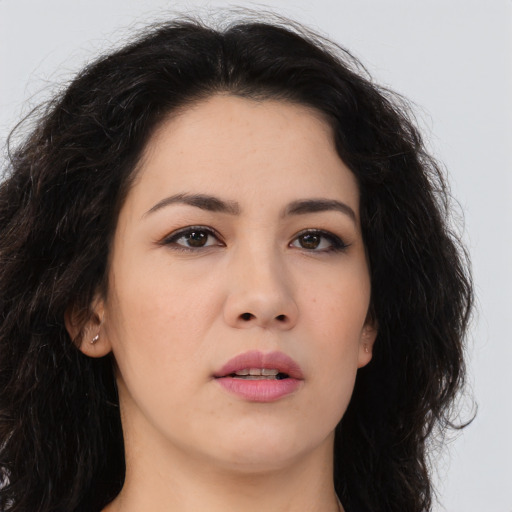 Neutral asian young-adult female with long  brown hair and brown eyes