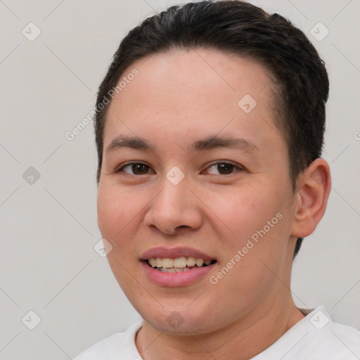 Joyful white young-adult female with short  brown hair and brown eyes