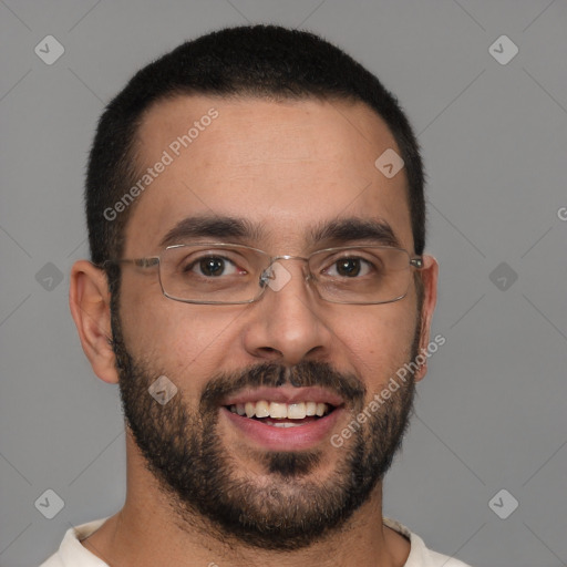 Joyful white young-adult male with short  brown hair and brown eyes