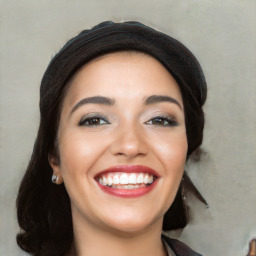 Joyful white young-adult female with long  black hair and brown eyes