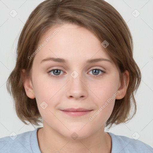 Joyful white young-adult female with medium  brown hair and blue eyes