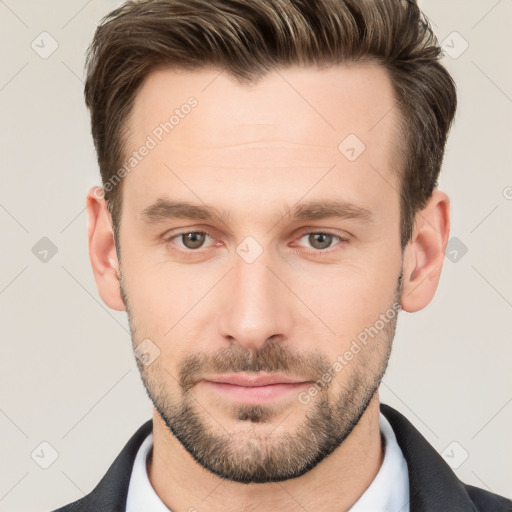 Neutral white young-adult male with short  brown hair and grey eyes