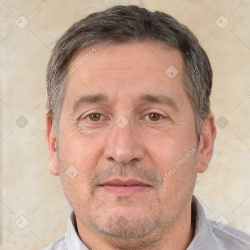 Neutral white middle-aged male with short  brown hair and brown eyes