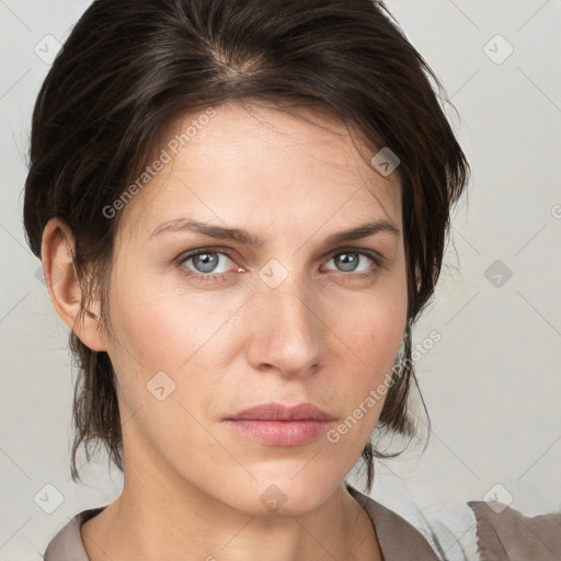 Neutral white young-adult female with medium  brown hair and grey eyes