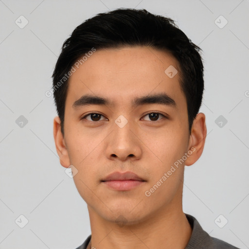 Neutral asian young-adult male with short  black hair and brown eyes