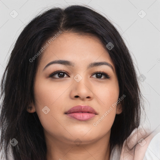 Joyful asian young-adult female with long  brown hair and brown eyes