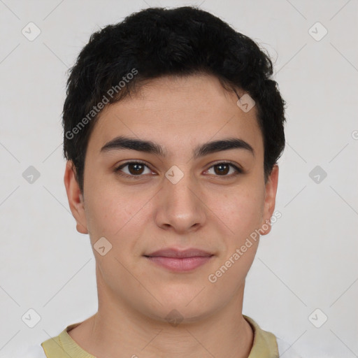 Joyful latino young-adult male with short  black hair and brown eyes