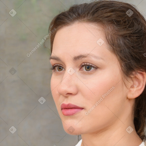 Neutral white adult female with medium  brown hair and brown eyes