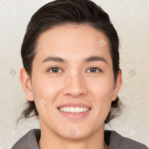 Joyful white young-adult female with short  brown hair and brown eyes