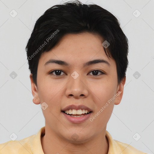 Joyful asian young-adult female with short  brown hair and brown eyes