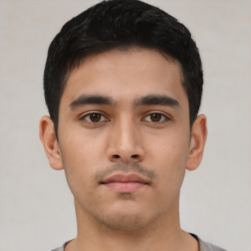 Neutral asian young-adult male with short  black hair and brown eyes