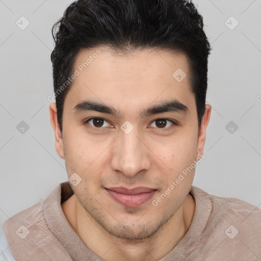 Joyful latino young-adult male with short  brown hair and brown eyes