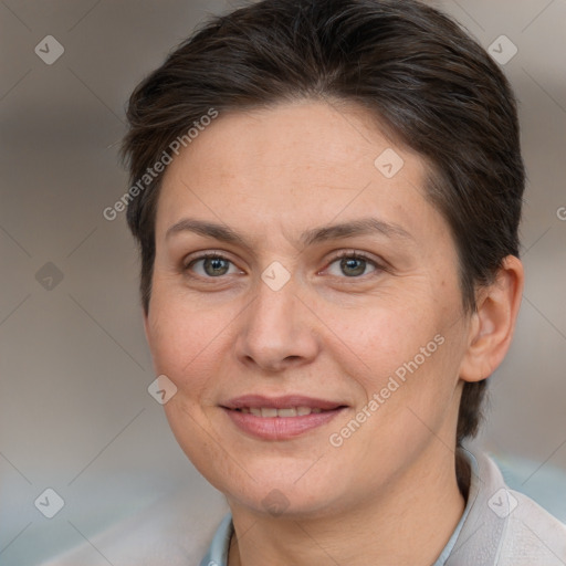 Joyful white adult female with short  brown hair and brown eyes