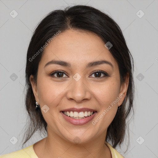 Joyful white young-adult female with medium  brown hair and brown eyes