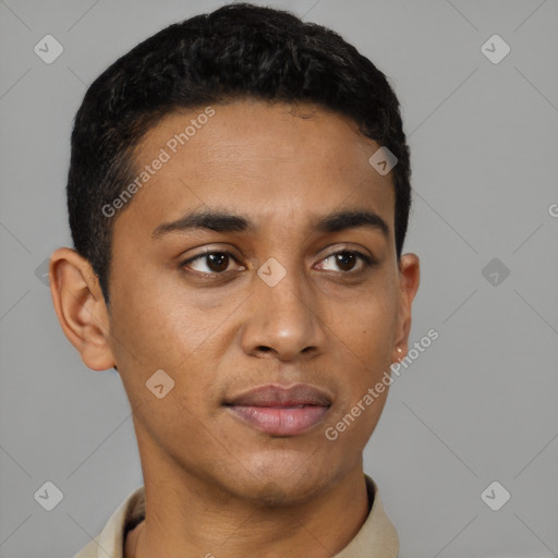 Neutral latino young-adult male with short  black hair and brown eyes