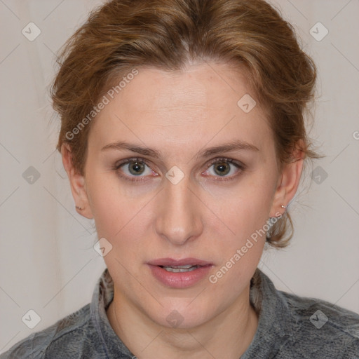 Joyful white young-adult female with medium  brown hair and blue eyes