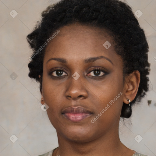 Neutral black young-adult female with short  black hair and brown eyes