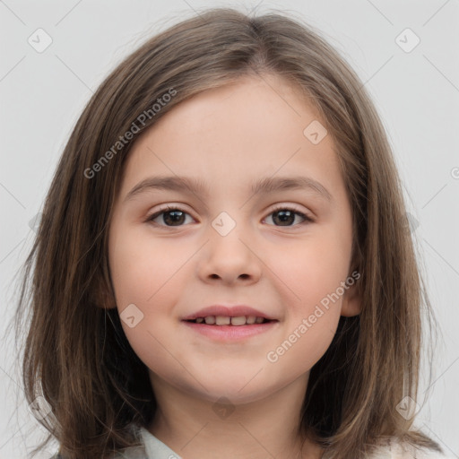 Joyful white child female with medium  brown hair and brown eyes