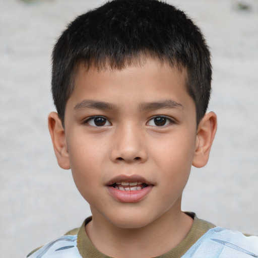 Joyful asian child male with short  brown hair and brown eyes