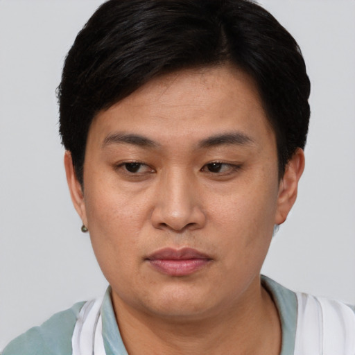 Neutral asian young-adult male with short  black hair and brown eyes