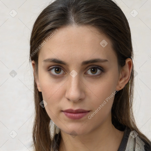 Neutral white young-adult female with long  brown hair and brown eyes