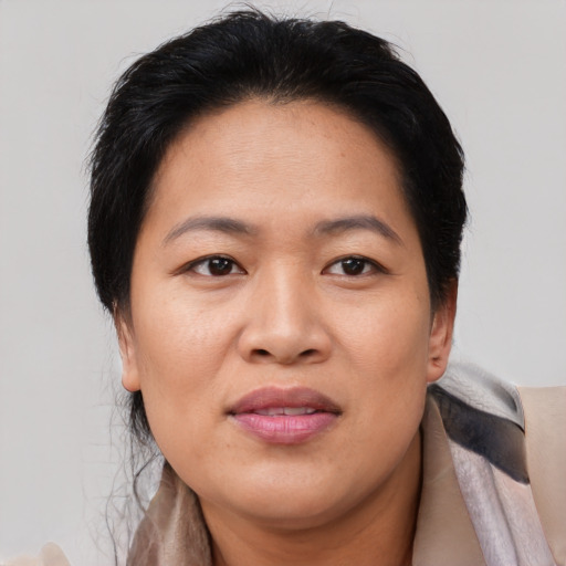 Joyful asian adult female with medium  brown hair and brown eyes