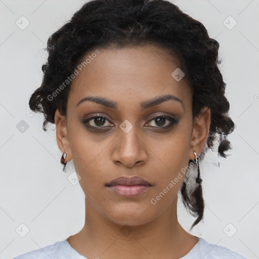 Neutral black young-adult female with short  black hair and brown eyes