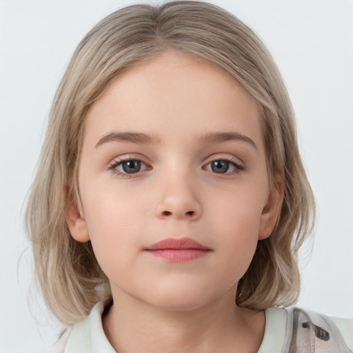 Neutral white child female with medium  brown hair and grey eyes