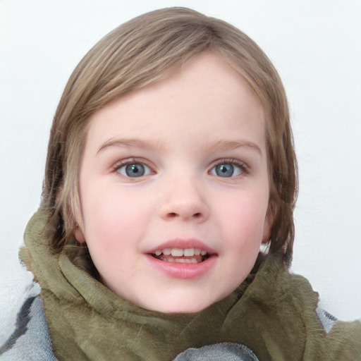 Joyful white child female with medium  brown hair and blue eyes