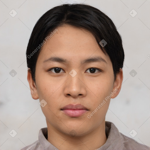 Neutral asian young-adult male with short  black hair and brown eyes