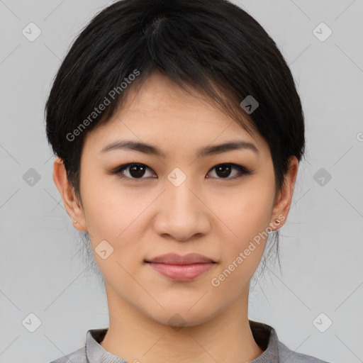 Joyful asian young-adult female with medium  black hair and brown eyes