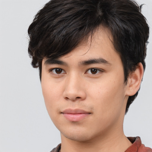 Neutral asian young-adult male with short  brown hair and brown eyes