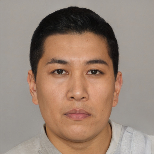 Neutral asian young-adult male with short  black hair and brown eyes