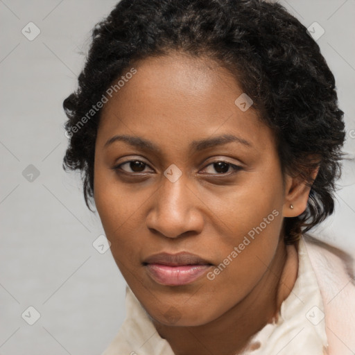 Joyful black young-adult female with long  brown hair and brown eyes