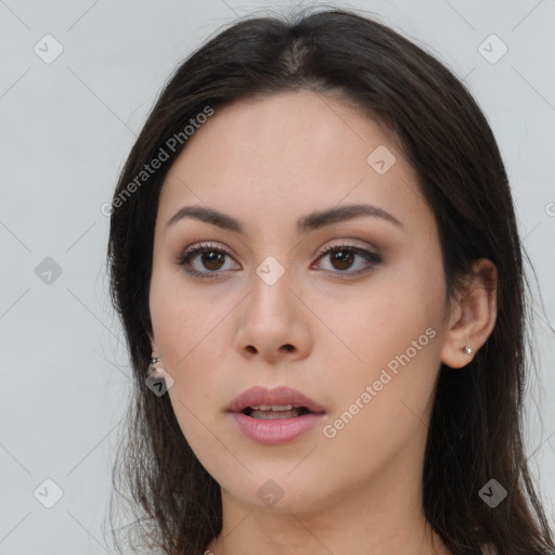 Neutral asian young-adult female with long  brown hair and brown eyes