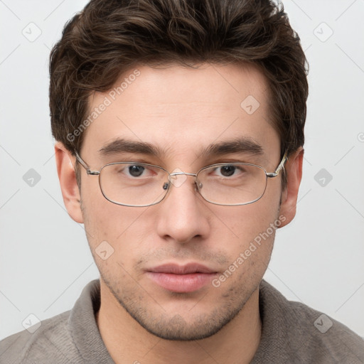 Neutral white young-adult male with short  brown hair and grey eyes